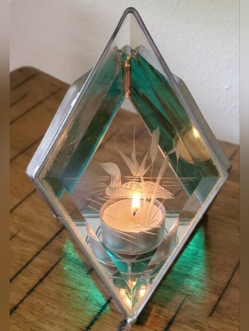Vintage 3D Leaded Glass Teal Loon Tea Light Candle Holder Prism